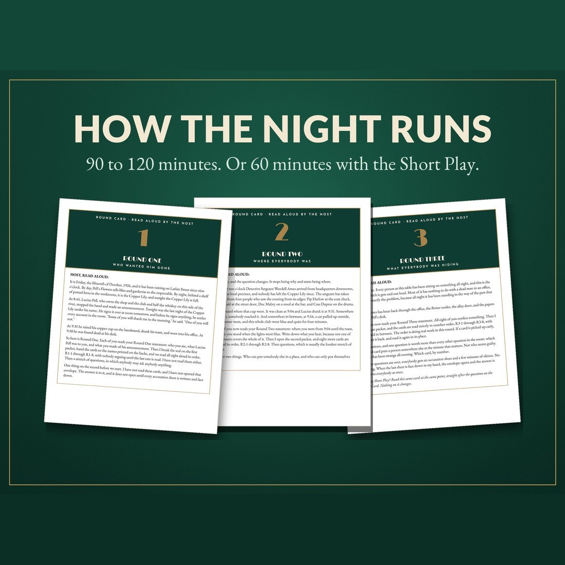 How the night runs: Round Cards 1, 2 and 3, each read aloud by the host to open a round. 90 to 120 minutes, or 60 minutes with the Short Play.