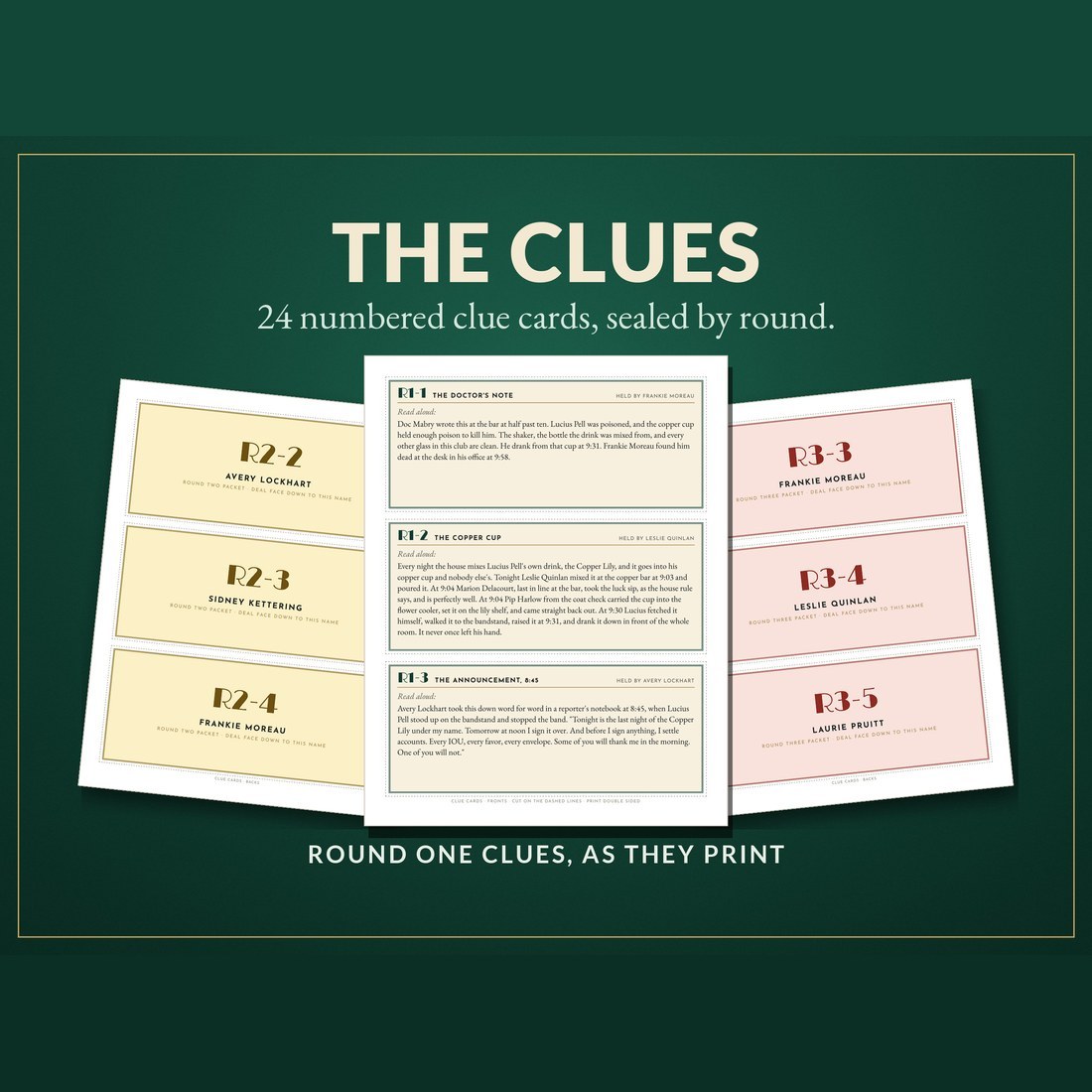 The clues: clue sheet one shown readable (R1-1 to R1-3), between two sheets of numbered clue card backs from Rounds Two and Three. 24 clue cards in all, sealed by round.