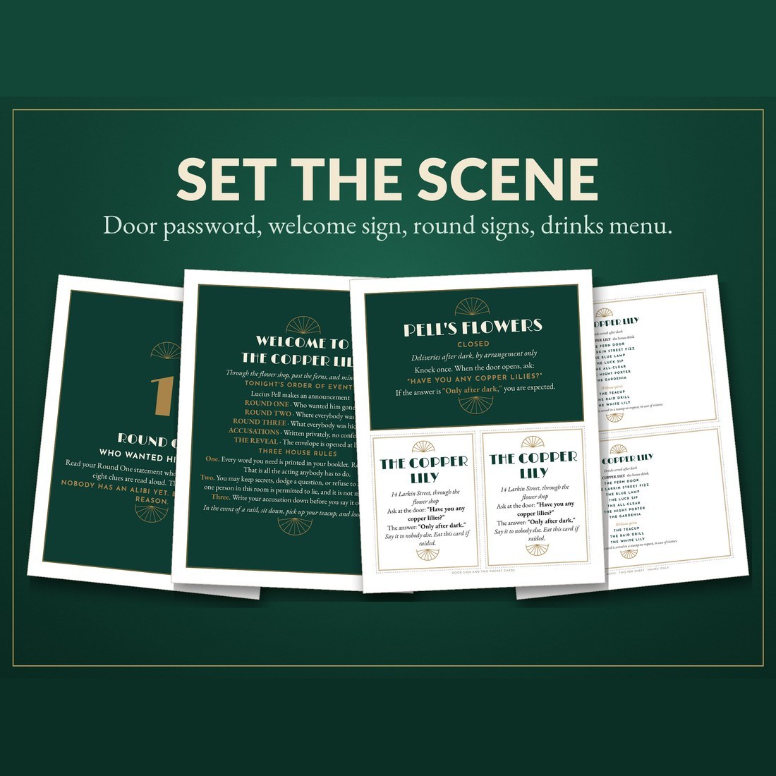 Set the scene: the Round One sign, welcome sign, door password card with two pocket cards, and the drinks menu, as they print from the kit.
