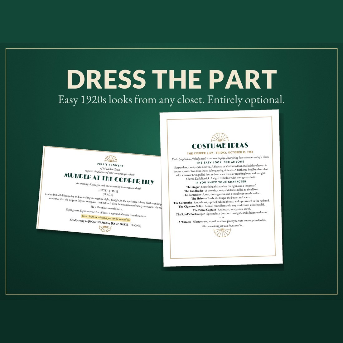 Dress the part: the costume ideas page from the kit, with easy 1920s looks for every character, beside the invitation with its dress line marked.