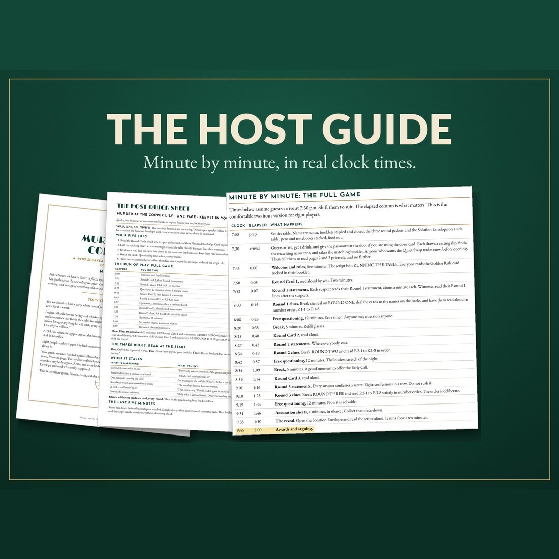 The host guide: its cover, the host quick sheet and the minute by minute timeline page, with the last row (Awards and arguing) highlighted.