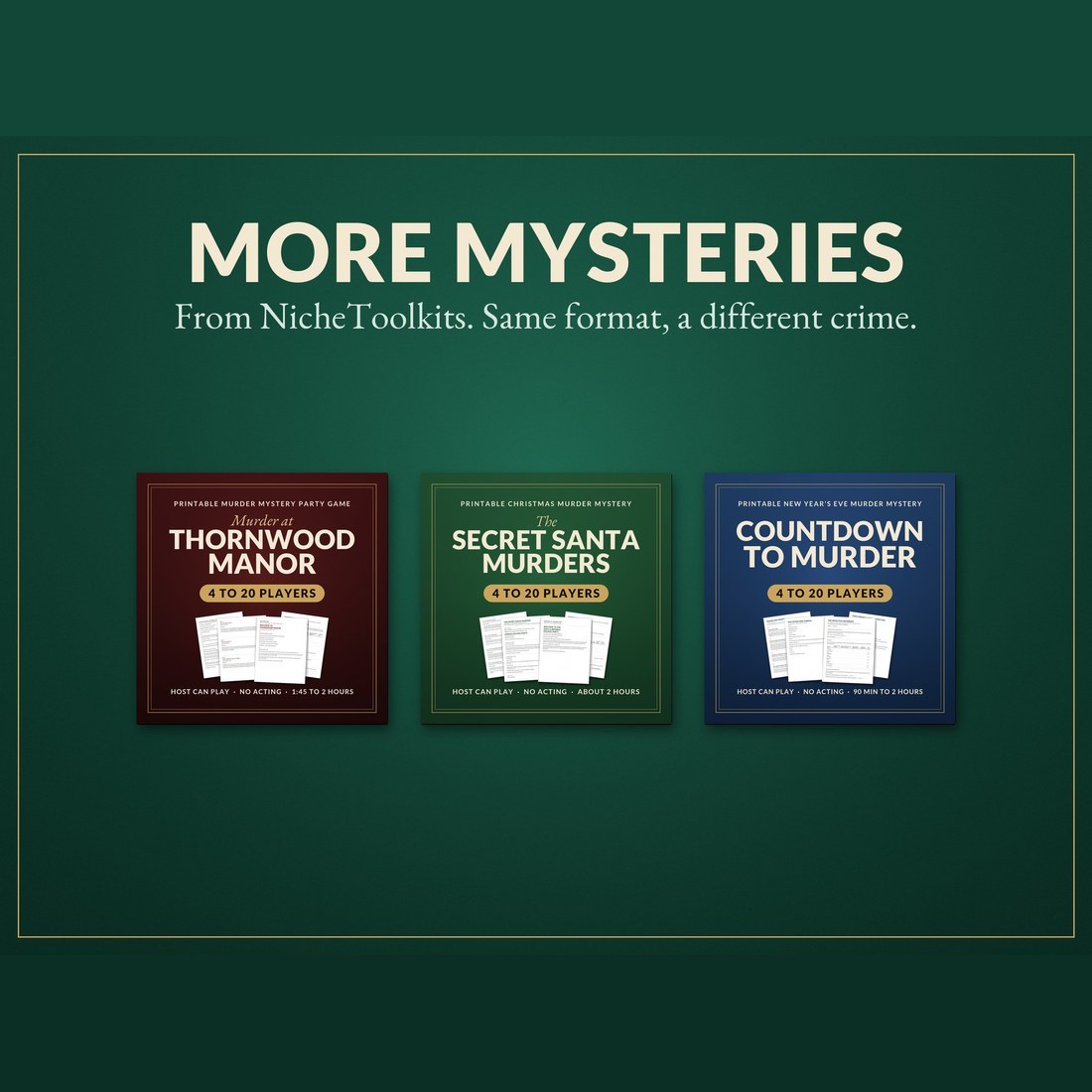 More mysteries from NicheToolkits: Murder at Thornwood Manor, The Secret Santa Murders and Countdown to Murder, each shown by its title and real kit pages.
