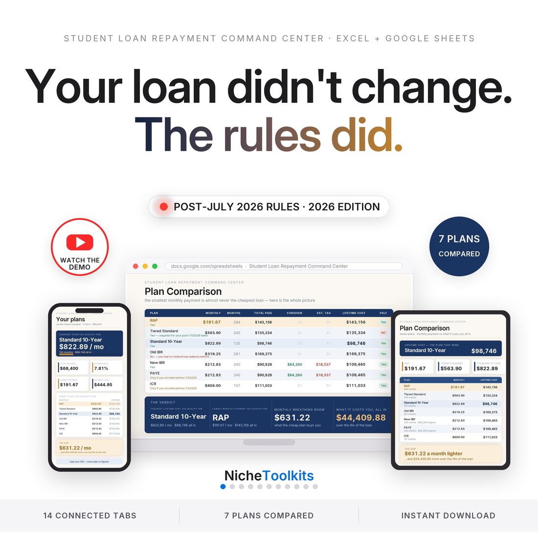 Student Loan Repayment Command Center — all seven repayment plans priced from your own loans and your own income, side by side.