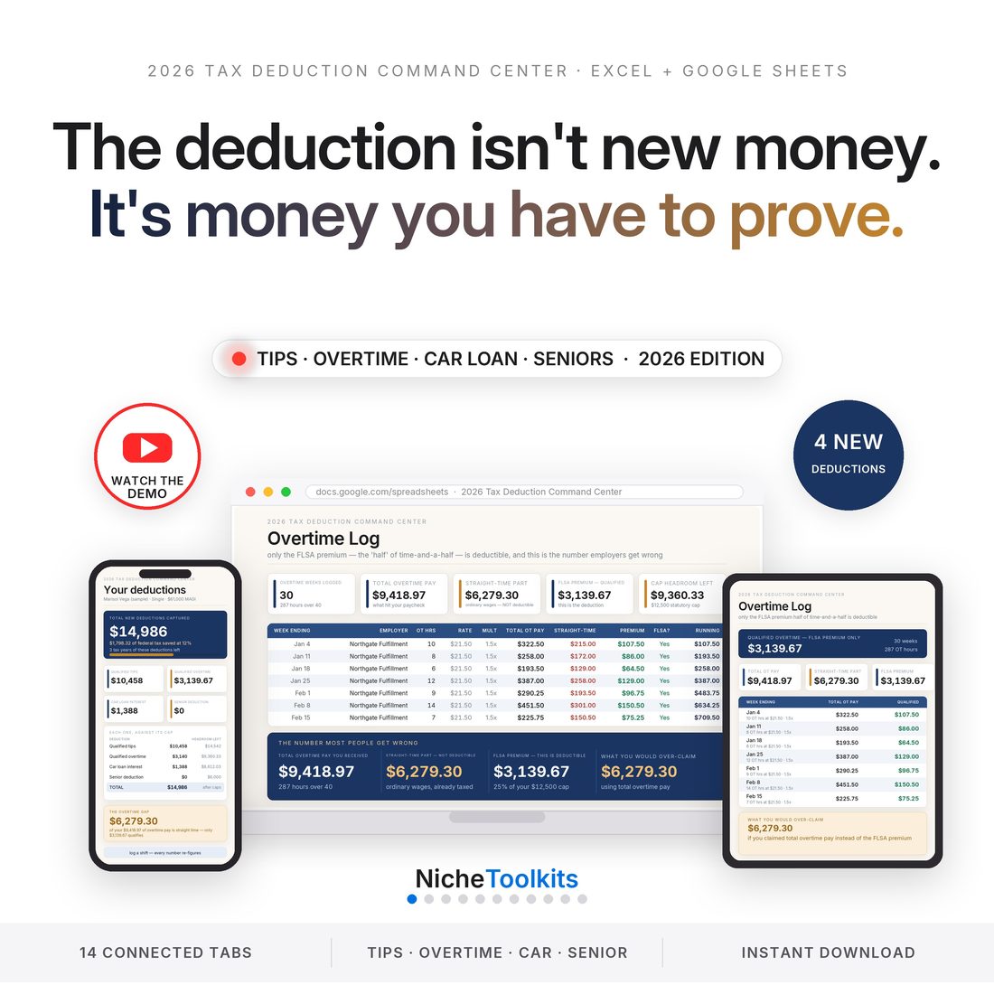 2026 tax deduction command center spreadsheet for Excel and Google Sheets on laptop, tablet and phone — tips, overtime, car loan interest and the senior deduction logged and priced to $14,986. Instant download.