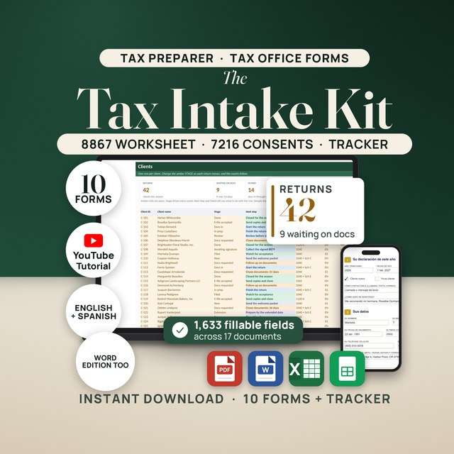 Tax Preparer Client Intake + Organizer Kit — Fillable PDF + Word + Spreadsheet