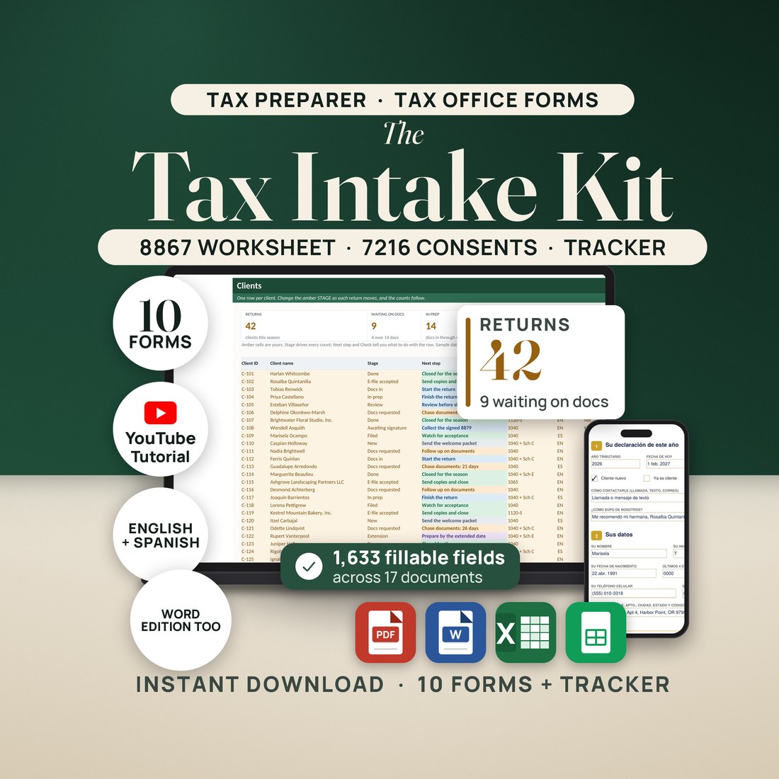 The Tax Intake Kit on a laptop and phone: the Tax Client Tracker's Clients tab with 42 returns and 9 waiting on documents, and the filled Spanish intake form. Badges read 10 forms, English plus Spanish and 1,633 fillable fields.