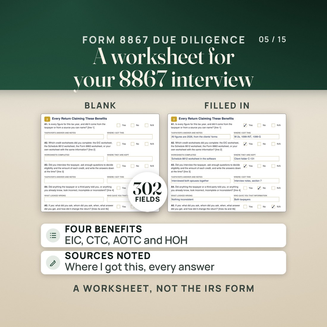 Page 2 of the Form 8867 due diligence worksheet, blank beside a copy filled for sample client C-131: questions A1 to A5 with yes, no and N/A boxes, the taxpayer's answers and a where I got this column.