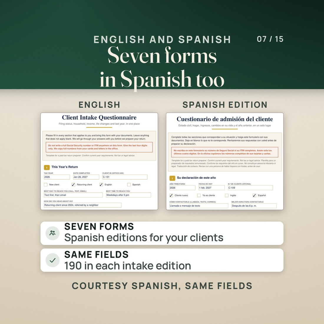Page 1 of the Client Intake Questionnaire in English beside its Spanish edition, Cuestionario de admisión del cliente, both filled in for sample clients, with the same layout and fields.