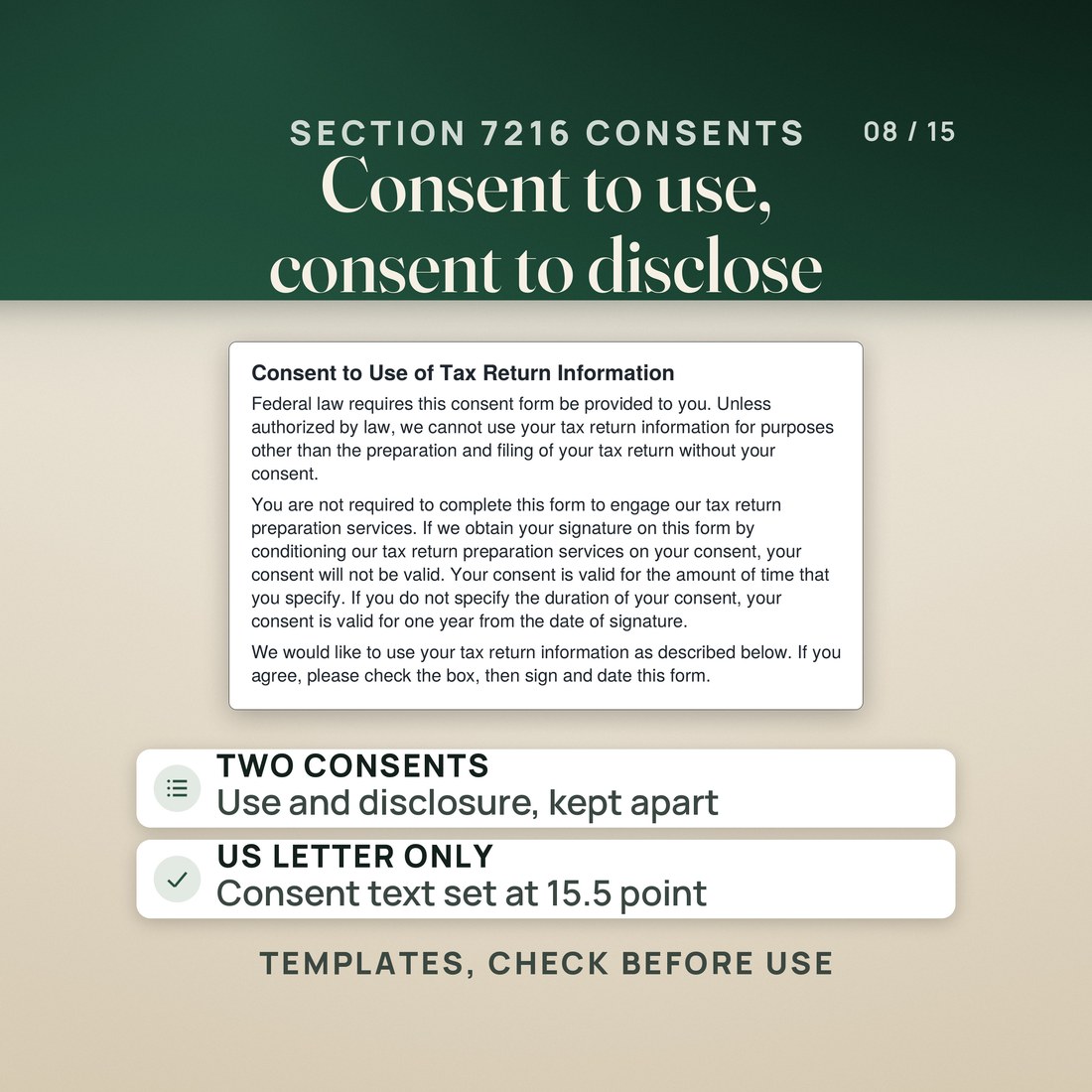 The first sheet of the Section 7216 Consent to Use of Tax Return Information template, in large type with the required statements.