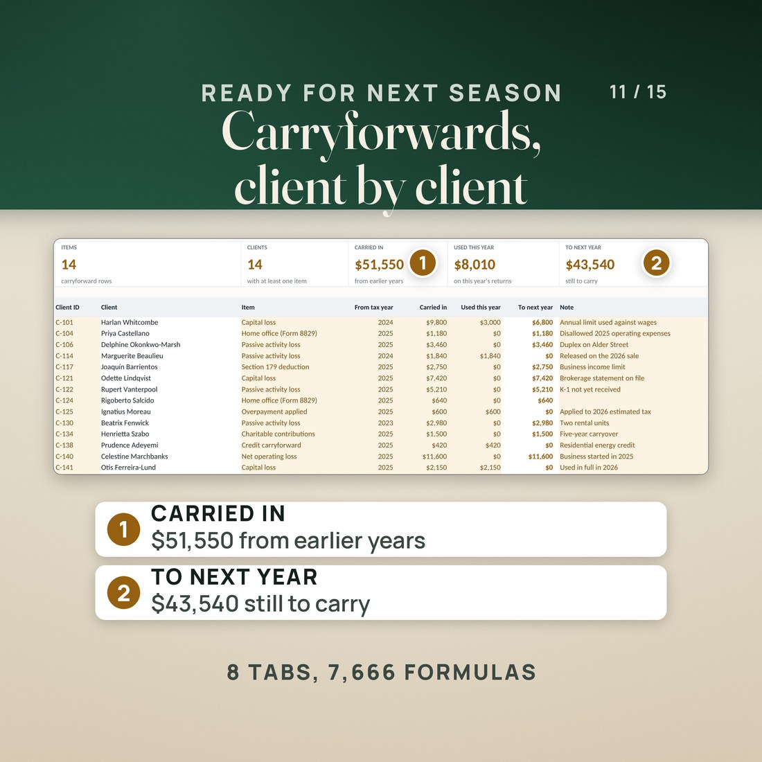 The Carryforwards tab: 14 items for 14 clients, with the amounts carried in, used this year and still to carry, above a table of each client's capital loss, passive loss, home office, charitable and net operating loss carryovers.