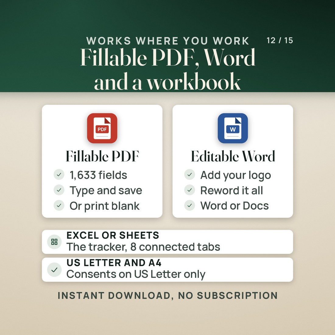 Works where you work: a fillable PDF card (1,633 fields, type and save, or print blank) and an editable Word card (add your logo, reword it all, Word or Google Docs).