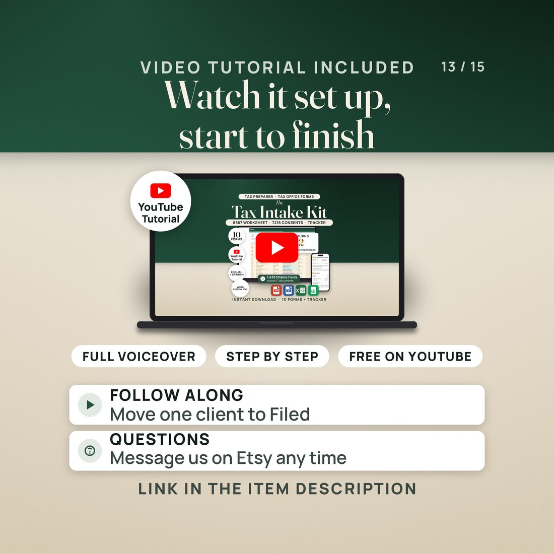Video tutorial included: a laptop shows the tutorial thumbnail with a play button, beside a YouTube tutorial badge and pills for full voiceover, step by step and free on YouTube.