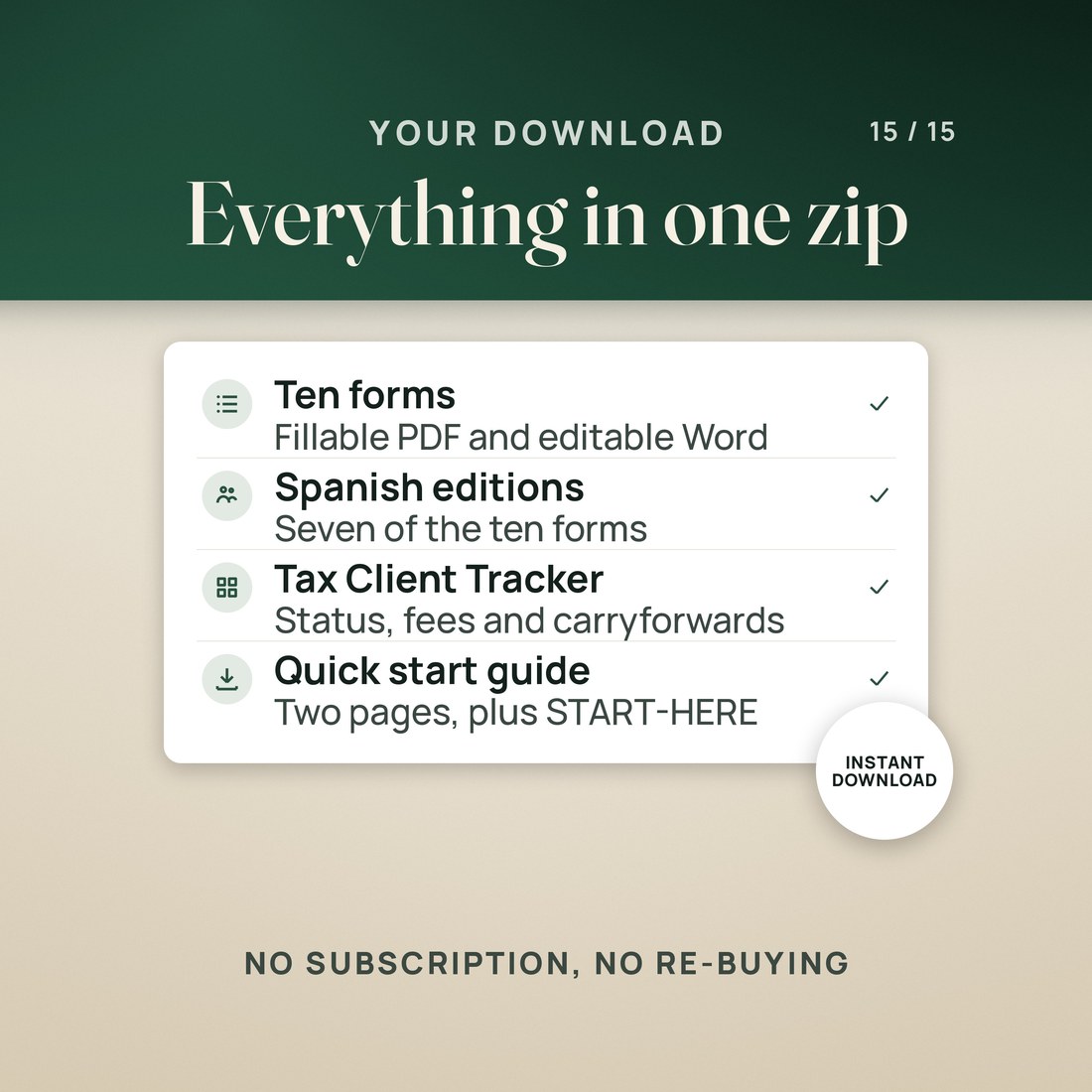 Your download in one zip: ten forms as fillable PDF and editable Word, Spanish editions of seven of them, the Tax Client Tracker with status, fees and carryforwards, and a two page quick start guide plus START-HERE, with an instant download seal.
