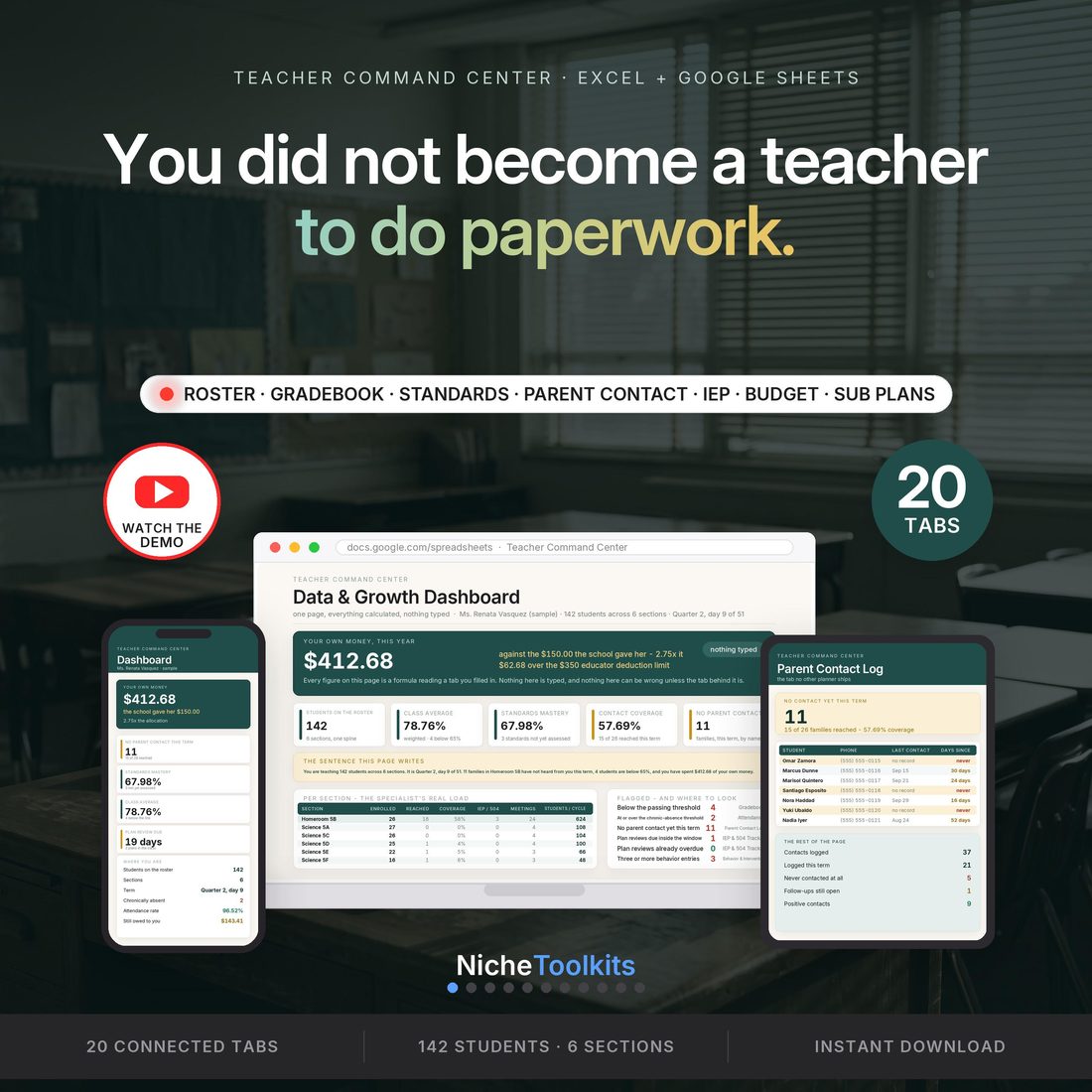 Teacher Command Center — the gradebook, the parent log, the accommodations and your own money in one file that talks to itself.
