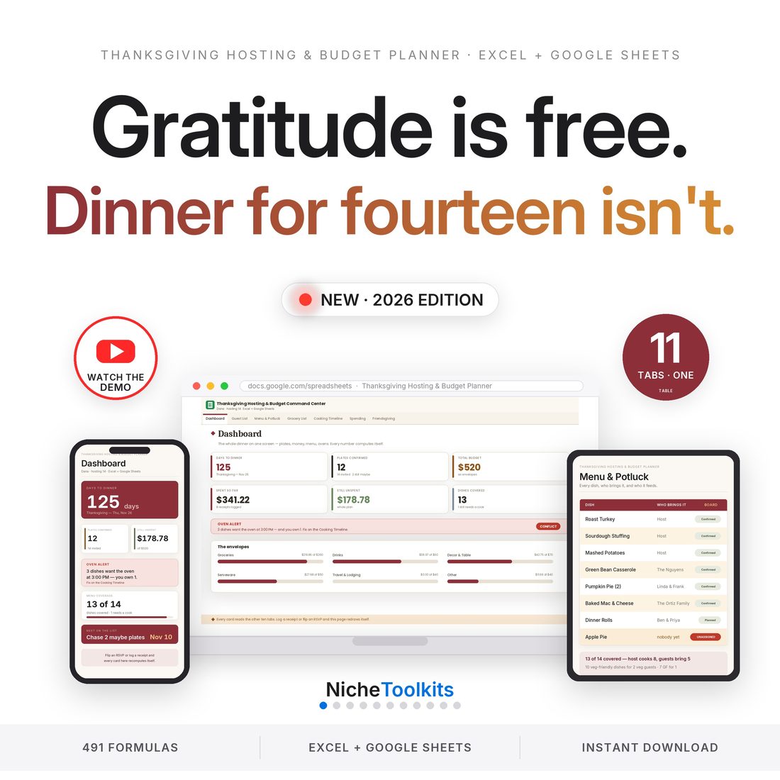 Thanksgiving Hosting and Budget Planner — RSVPs, the potluck board, the grocery run and the oven timeline in one connected file.