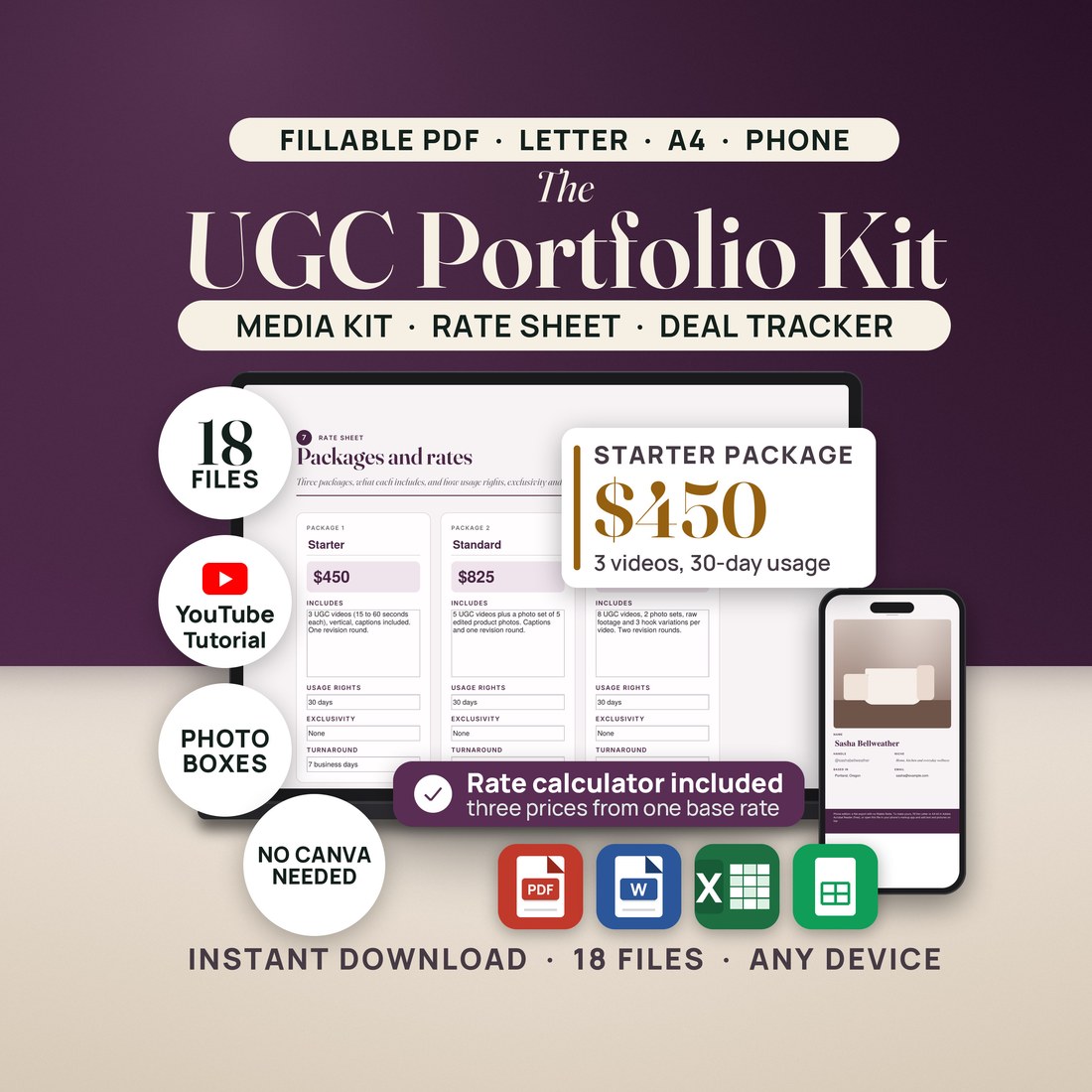 The UGC Portfolio Kit on a plum wall: a laptop shows the filled Rate Sheet page of the fillable PDF portfolio, with Starter $450, Standard $825 and Premium $1,600 at 30 days of usage, and a chip magnifies the Starter package, 3 videos, 30-day usage.