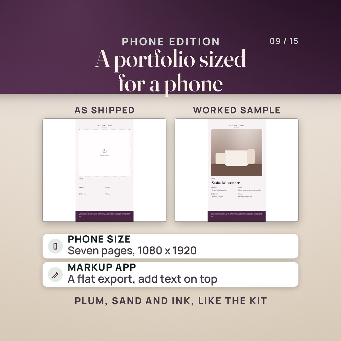 The phone edition of the portfolio, 1080 x 1920: the cover as shipped with an empty photo frame and labels, and the worked sample with a cover picture and the sample creator's details.