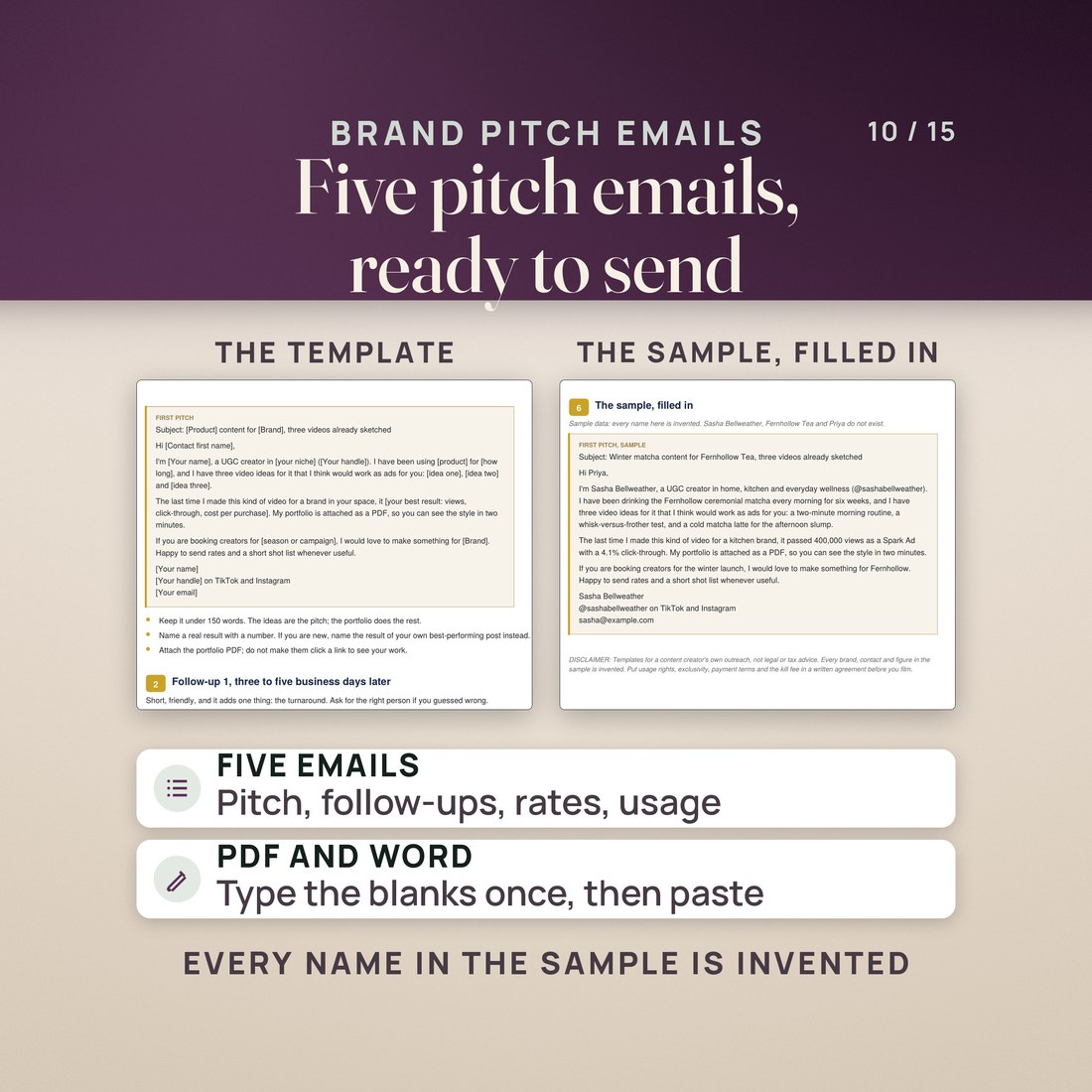 The brand pitch emails: the first pitch template with bracketed blanks and three tips, next to the sample pitch filled in for an invented tea brand.