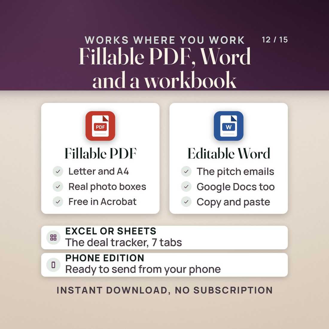 Where it opens: a fillable PDF on Letter and A4 with real photo boxes, free in Acrobat Reader; editable Word for the pitch emails, which also opens in Google Docs; the deal tracker in Excel or Google Sheets with 7 tabs.