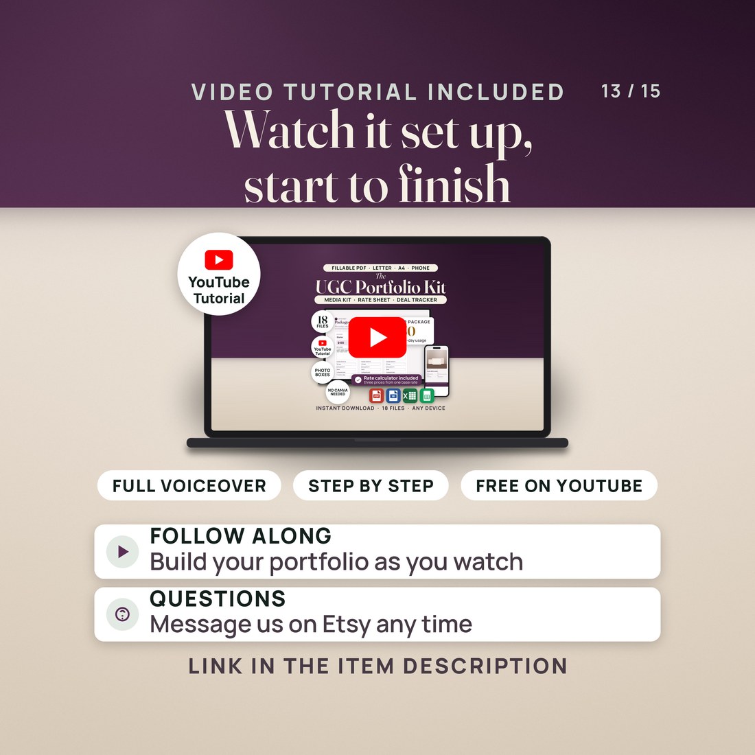 A video tutorial is included: a laptop plays the tutorial thumbnail with a play button, next to a YouTube tutorial seal and the labels full voiceover, step by step and free on YouTube. The link is in the item description.