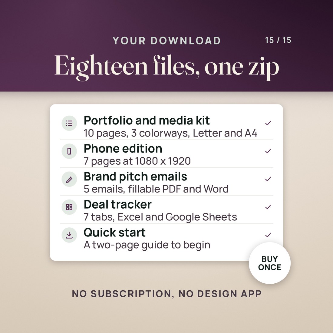 What you get: the portfolio and media kit (10 pages, 3 colorways, Letter and A4), the phone edition (7 pages at 1080 x 1920), 5 brand pitch emails as fillable PDF and Word, the deal tracker (7 tabs.