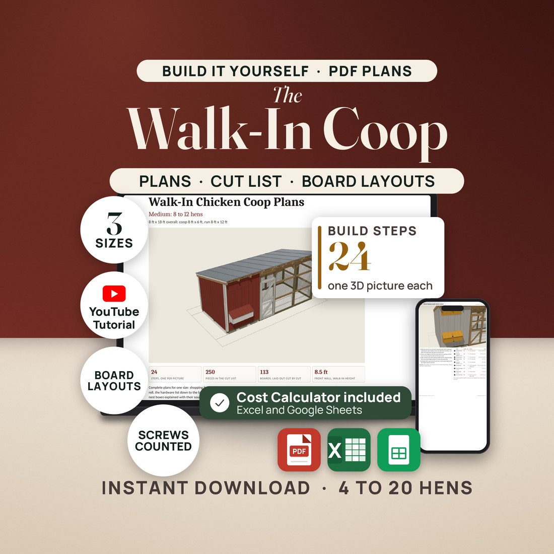 The Walk-In Coop plans: a laptop shows the Medium plans cover with a 3D coop, 24 steps, 250 pieces, 113 boards and an 8.5 ft front wall. A phone shows the nest box step. Seals read 3 sizes, YouTube tutorial, board layouts and screws counted.