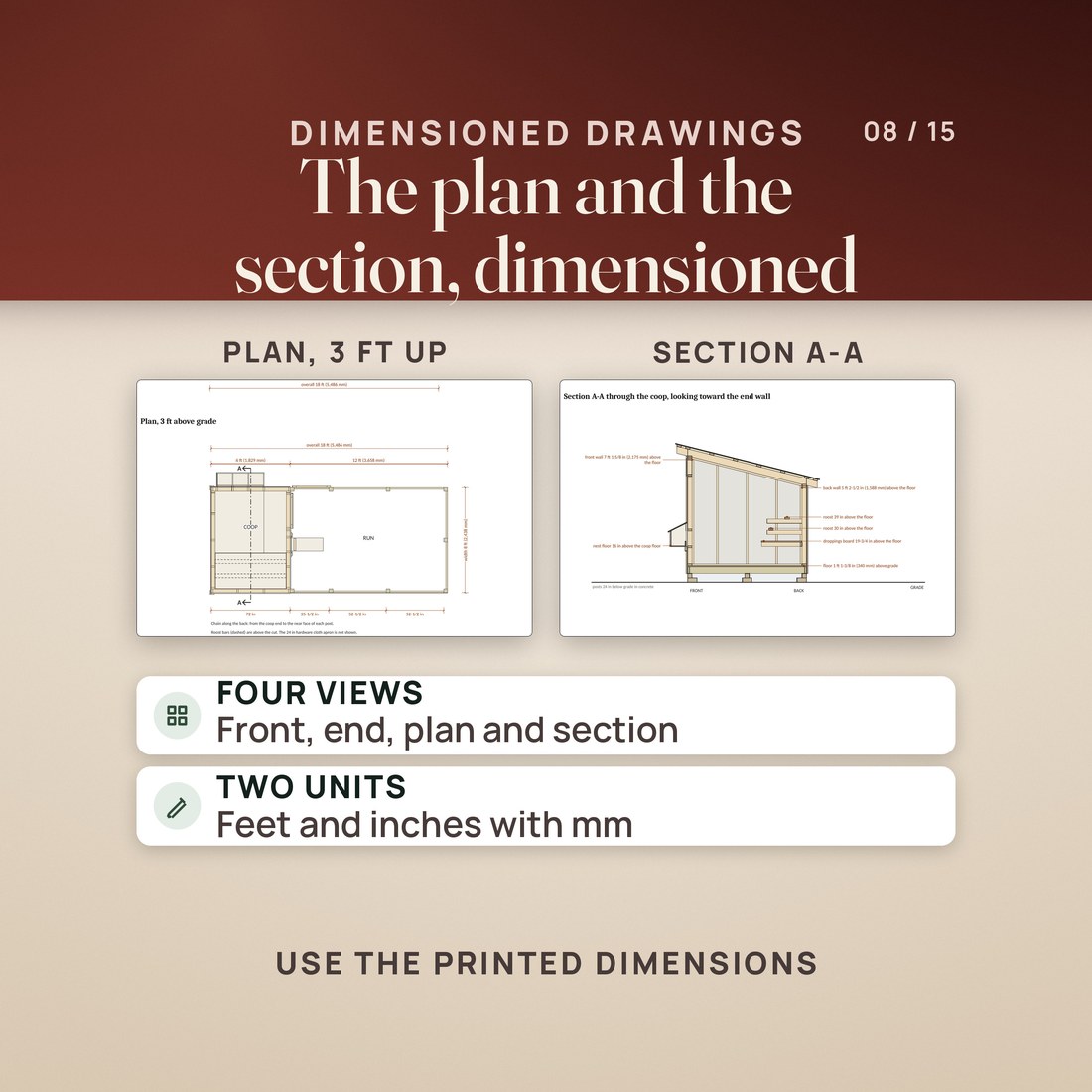 Two Medium drawing pages: the plan view cut 3 ft above grade with the coop, run and dimension lines, and section A-A through the coop with roost bars, droppings board, nest box and floor heights, in feet and inches with millimeters.