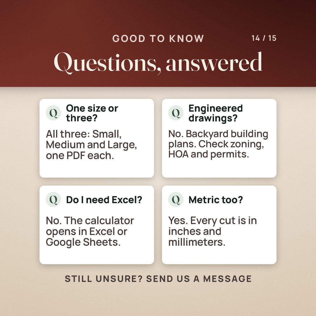 Four questions answered. One size or three? All three, one PDF each. Engineered drawings? No, backyard building plans: check zoning, HOA and permits. Need Excel? No, it opens in Google Sheets too. Metric? Yes, inches and millimeters.