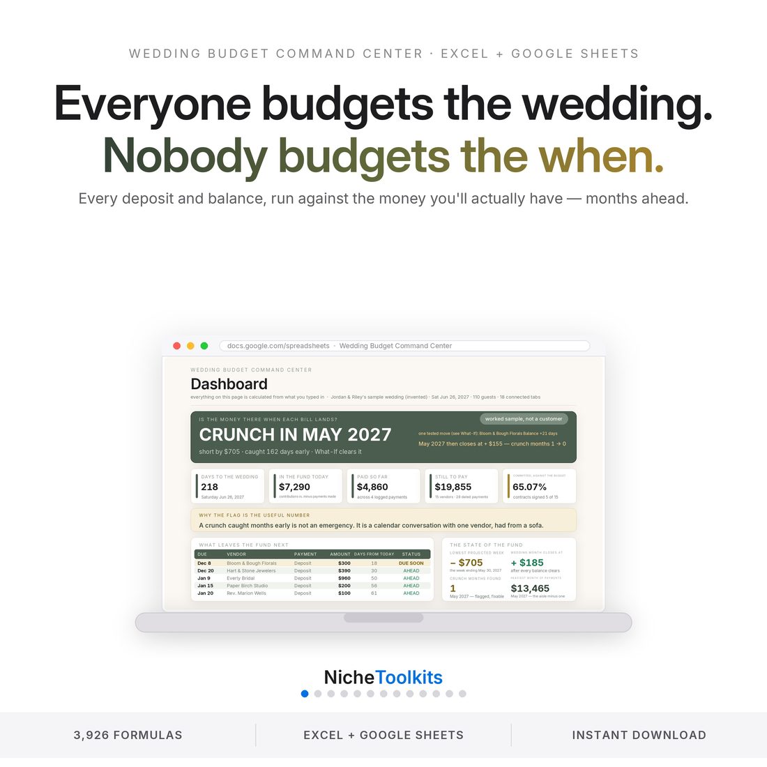 Wedding Budget Command Center — everyone budgets the wedding, nobody budgets the when: every deposit and balance run against the money you'll actually have.