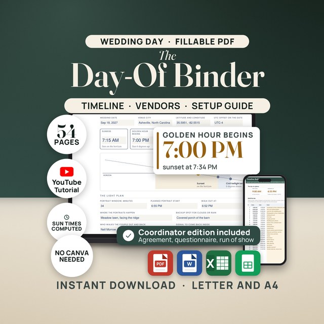 Wedding Day-Of Binder + Sunset Timeline Planner — Fillable PDF + Spreadsheet