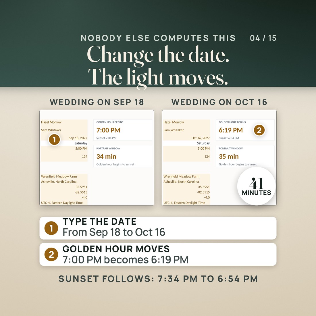 Two real renders of the workbook's Setup tab. On Sep 18, 2027, golden hour begins at 7:00 PM and sunset is 7:34 PM, a 34-minute window. With the date typed as Oct 16, 2027, they read 6:19 PM and 6:54 PM, a 35-minute window.