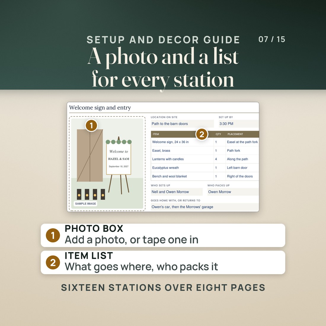 A station page from the setup and decor guide, Welcome sign and entry. A photo box holds a sample illustration of barn doors, an easel sign for Hazel and Sam and four lanterns.