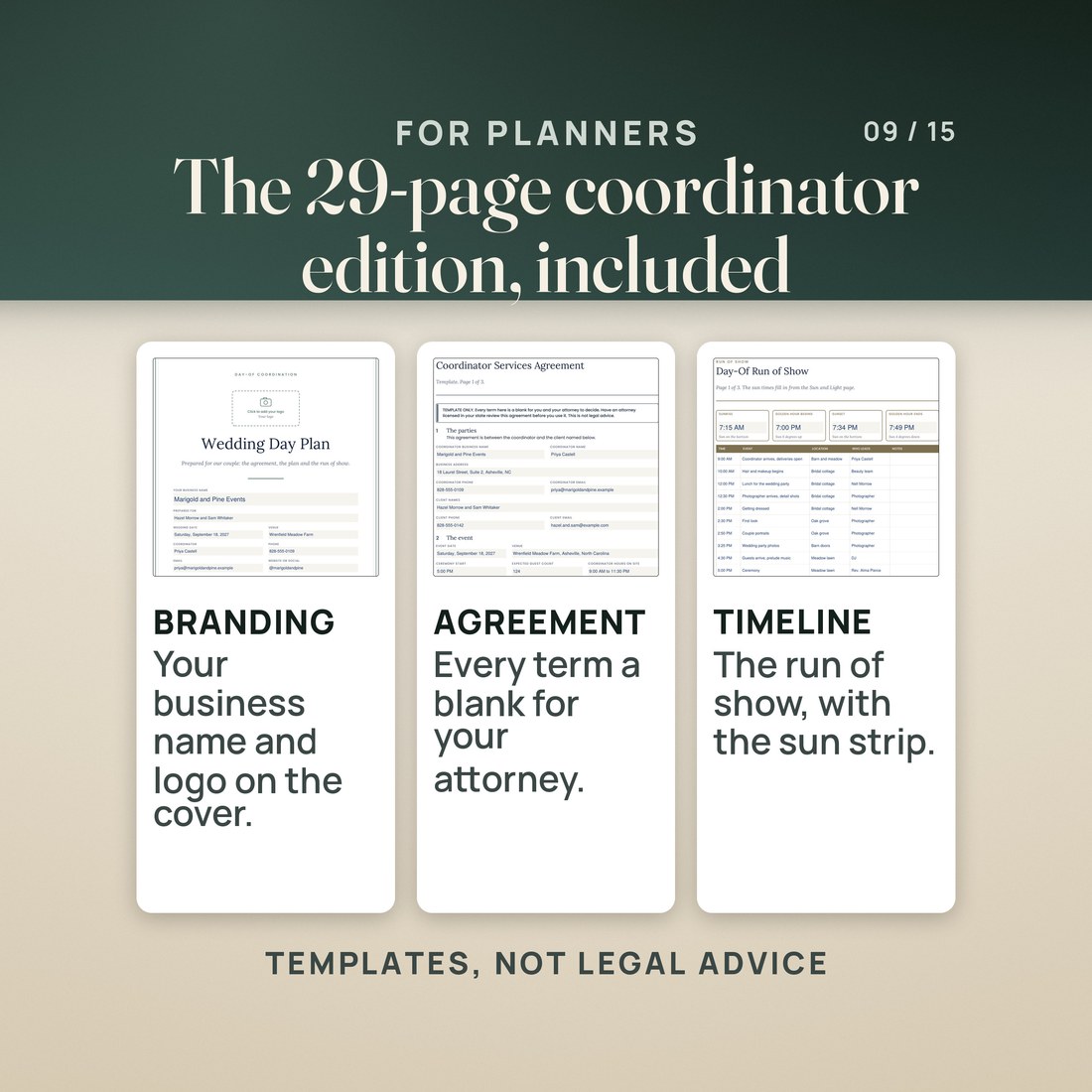 For planners, the 29-page coordinator edition is included: a client cover with the planner's business name and a logo box, the Coordinator Services Agreement template, marked not legal advice, and the Day-Of Run of Show with the same sun strip.