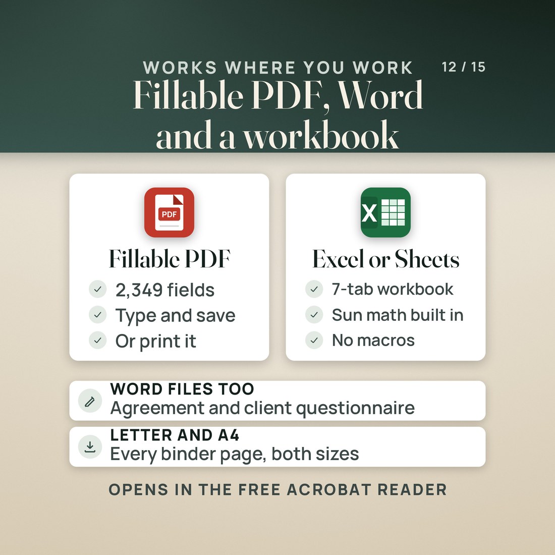 The formats. A fillable PDF card reads 2,349 fields, type and save, or print it. An Excel or Sheets card reads 7-tab workbook, sun math built in, no macros.