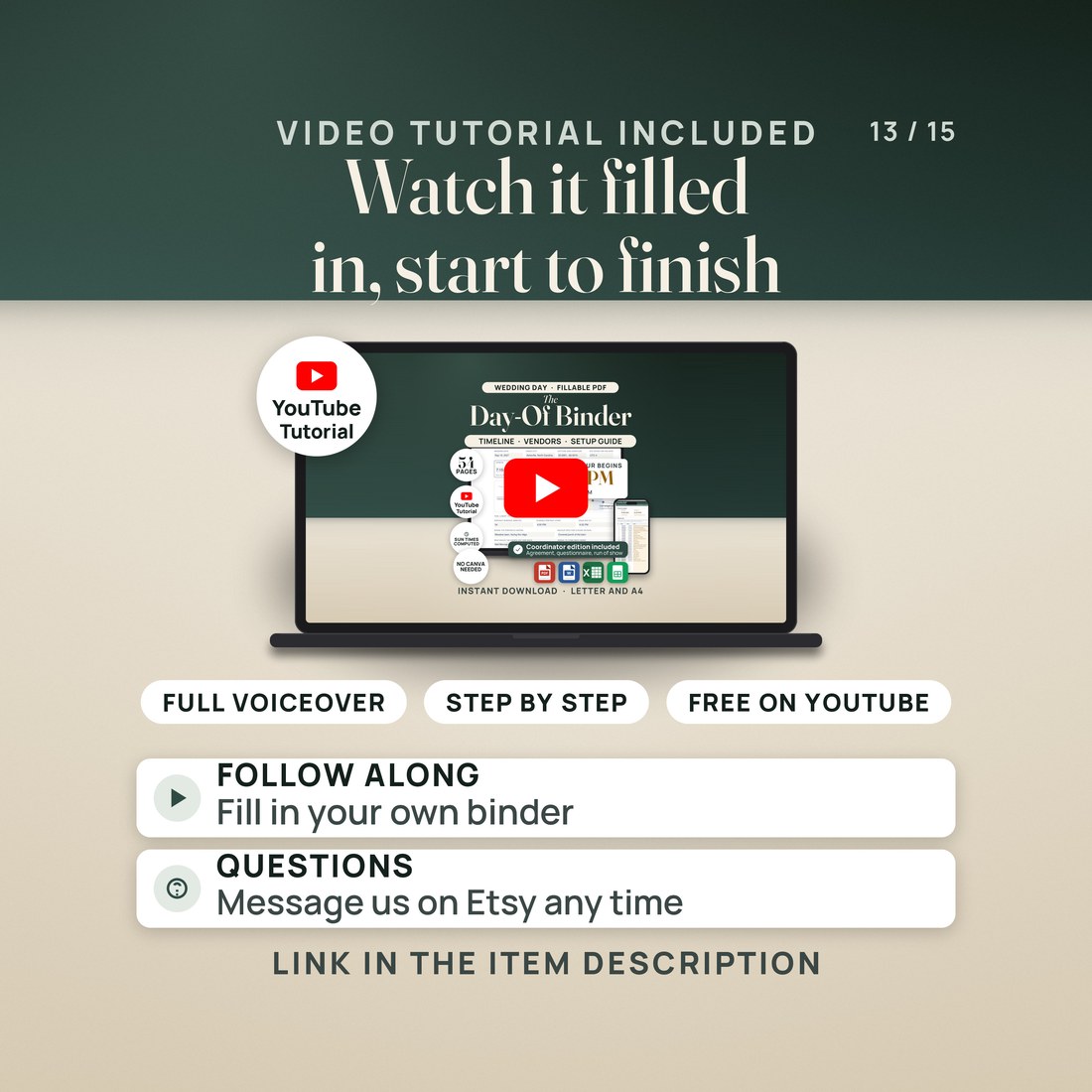 Video tutorial included. A YouTube thumbnail made from this listing's main image, with pills reading full voiceover, step by step and free on YouTube. Rows read: follow along and fill in your own binder; questions, message us on Etsy any time.