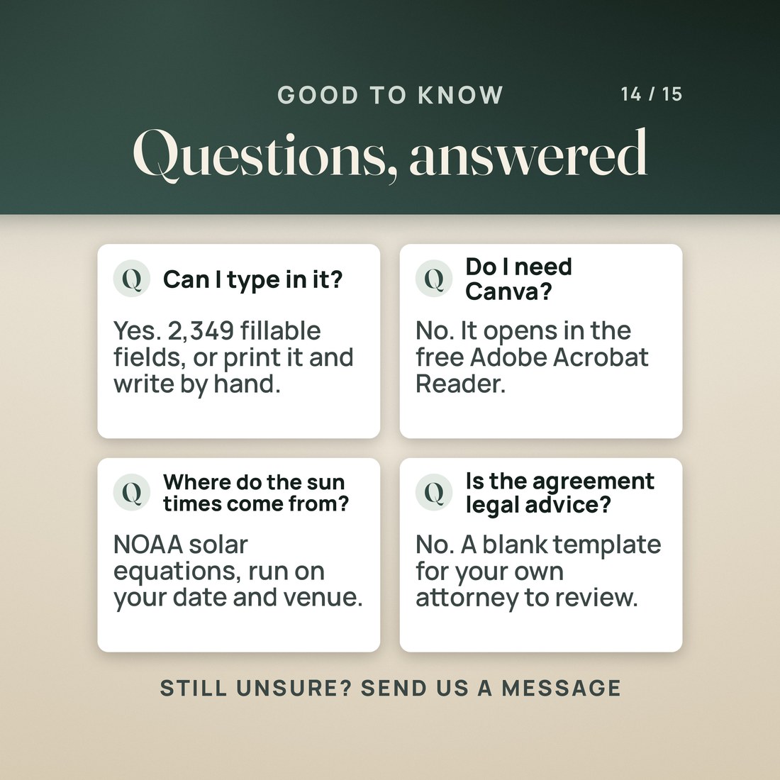 Four questions, answered. Can I type in it? Yes, 2,349 fillable fields, or print it and write by hand. Do I need Canva? No, it opens in the free Adobe Acrobat Reader. Where do the sun times come from? NOAA solar equations, run on your date and venue.