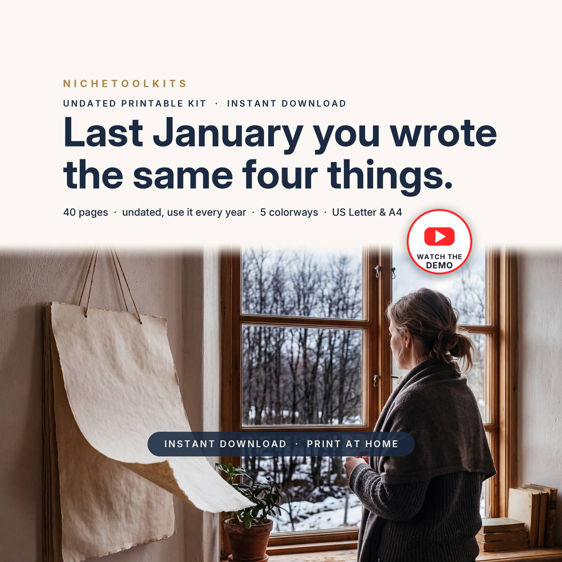 The Year Ahead Book — one word, twelve monthly check-ins and one year you can actually look back on, undated so the same files work every January.